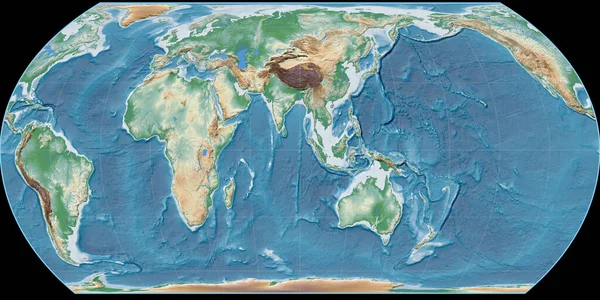 Hatano Projeksiyonundaki Dünya Haritası Doğu Boylamına Odaklı Renkli Gölgeleyici Yükseklik — Stok fotoğraf