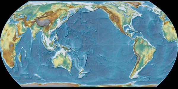 Mapa Świata Projekcji Hatano Skupiona 170 Zachodniej Długości Geograficznej Topograficzna — Zdjęcie stockowe