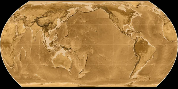 鸟野投影的世界地图以西经170度为中心 塞皮亚着色的高程图 光栅与满意的原始复合材料 3D插图 — 图库照片