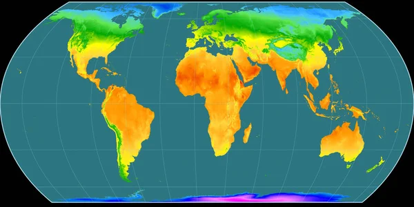 鸟野投影的世界地图以东经11度为中心 平均年温度图 具有满意性能的栅格原料复合材料 3D插图 — 图库照片