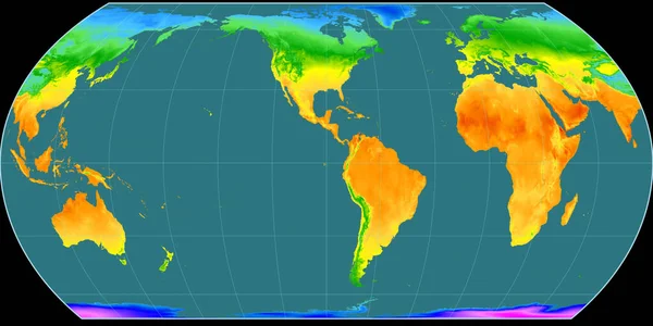 鸟野投影的世界地图以西经90度为中心 平均年温度图 具有满意性能的栅格原料复合材料 3D插图 — 图库照片