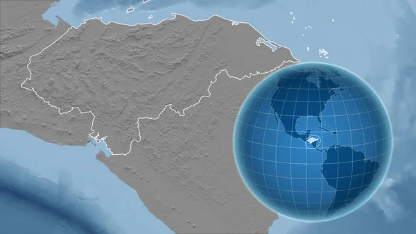 ホンジュラスだ アウトラインを持つ拡大地図に対して国の形を持つグローブ グレースケール標高図 — ストック写真