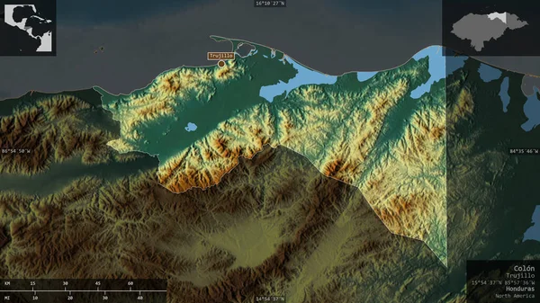 Колон Департамент Гондураса Цветной Рельеф Озерами Реками Форма Представленная Территории — стоковое фото
