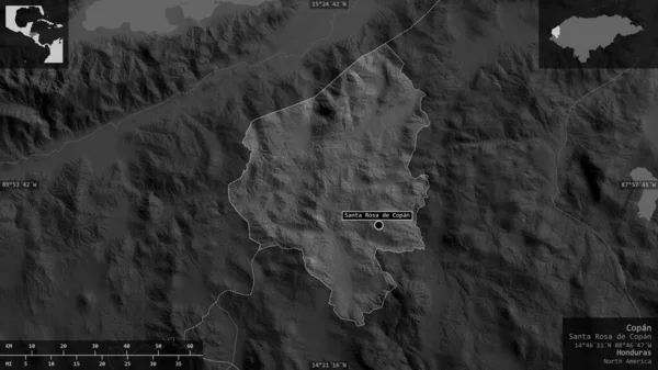 Копан Департамент Гондураса Карта Масштабе Grayscaled Лаками Риверами Форма Представленная — стоковое фото