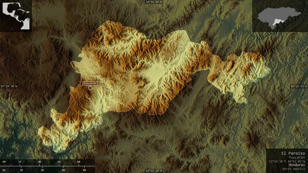Paraiso 洪都拉斯省 五彩斑斓的湖泊和河流 以信息覆盖的形式呈现在其国家区域上 3D渲染 — 图库照片