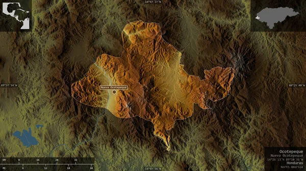 Ocotepeque Departamento Honduras Relieve Colores Con Lagos Ríos Forma Presentada — Foto de Stock