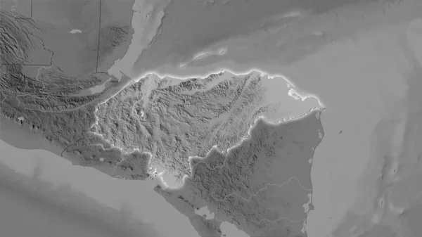 立体予測のグレースケール標高マップ上のホンジュラス領域 光輝く輪郭を持つラスター層の生の組成 — ストック写真
