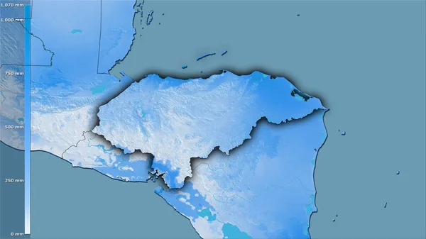 洪都拉斯地区内最寒冷的地区在立体投影中的降水量 深色发光轮廓的光栅层的原始成分 — 图库照片
