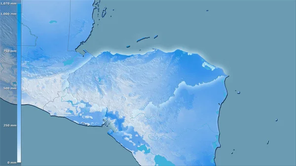 洪都拉斯地区内最寒冷的地区在立体投影中的降水量 明亮轮廓的栅格层的原始成分 — 图库照片