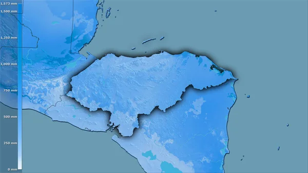 洪都拉斯地区内立体图投影最温暖的地区的降水 深色发光轮廓的栅格层的原始成分 — 图库照片