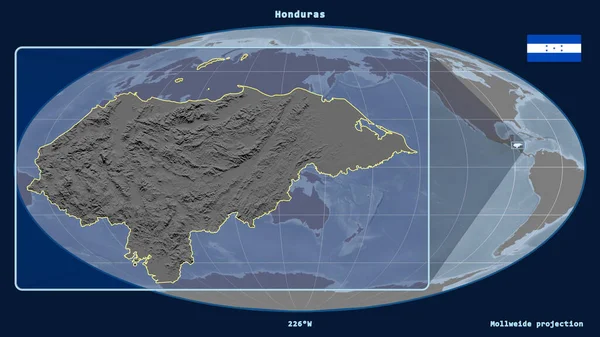Honduras Való Ráközelítés Perspektívákkal Mollweide Projekció Globális Térképével Szemben Alakzat — Stock Fotó