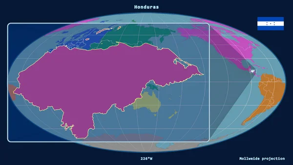 Увеличенный Вид Гондураса Перспективными Линиями Против Глобальной Карты Проекции Моллвейда — стоковое фото