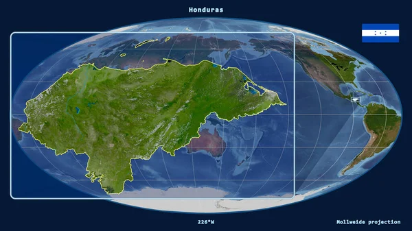 Увеличенный Вид Гондураса Перспективными Линиями Против Глобальной Карты Проекции Моллвейда — стоковое фото