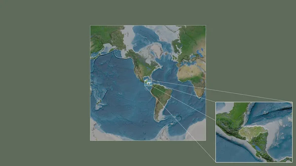从世界大比例尺地图中提取出的洪都拉斯扩大和扩大的地区 其主要线连接了框架的各个角落 卫星图像 — 图库照片
