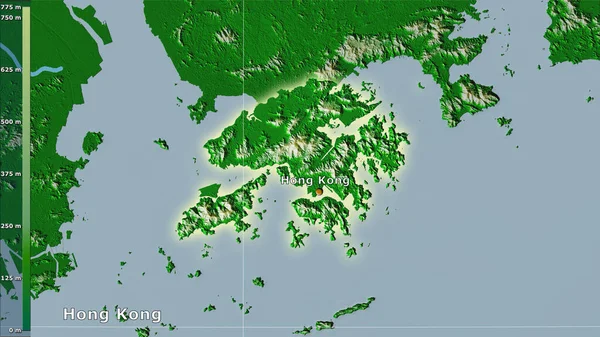 Fysisk Karta Inom Hongkongområdet Stereografisk Projektion Med Legend Huvudkomposition — Stockfoto