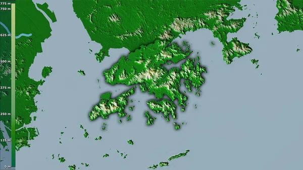 Physical map within the Hong Kong area in the stereographic projection with legend - raw composition of raster layers with dark glowing outline