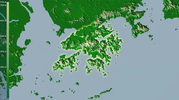 Фізична Карта Районі Гонконгу Стереографічній Проекції Легендарно Сирою Композицією Растрових — стокове фото
