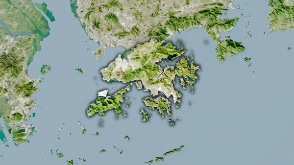 衛星上の香港エリア立体投影の地図 暗い輝く輪郭を持つラスター層の生の組成 — ストック写真