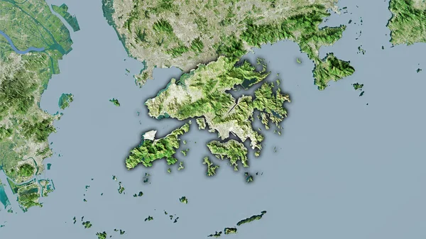 衛星Dマップ上の香港エリアの立体投影 暗い輝線アウトラインを持つラスター層の生の組成 — ストック写真