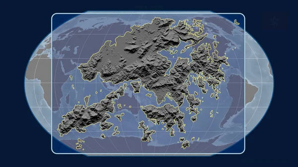 世界地図に対する視点線で香港のアウトラインをズームインした空の投影 形を中心に グレースケール標高図 — ストック写真