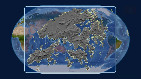 世界地図に対する視点線で香港のアウトラインをズームインした空の投影 形を中心に 衛星画像 — ストック写真