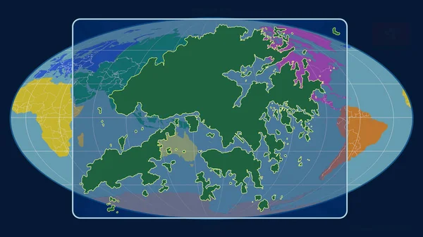 在Mollweide投影的全球地图上 以透视线放大香港的轮廓 形体中心 各大洲的彩色地图 — 图库照片