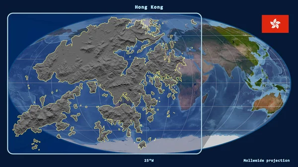 Zoomed Widok Hong Kongu Zarys Linii Perspektywy Wobec Globalnej Mapy — Zdjęcie stockowe