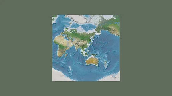 Square frame of the large-scale map of the world in an oblique Van der Grinten projection centered on the territory of Hong Kong. Satellite imagery