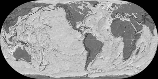 World map in the Hufnagel projection centered on 90 West longitude. Bilevel topographic map - raw composite of raster with graticule. 3D illustration