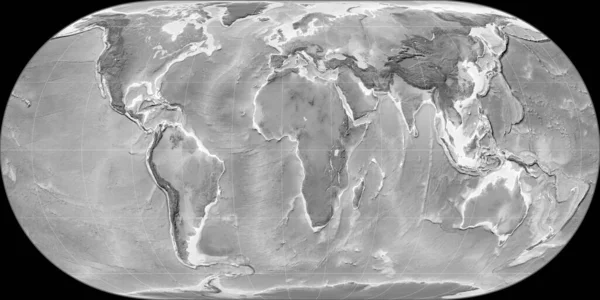 11の東の経度を中心としたHufnagel予測の世界地図 グレースケール標高地図 グレースケールとラスターの生の複合体 3Dイラスト — ストック写真