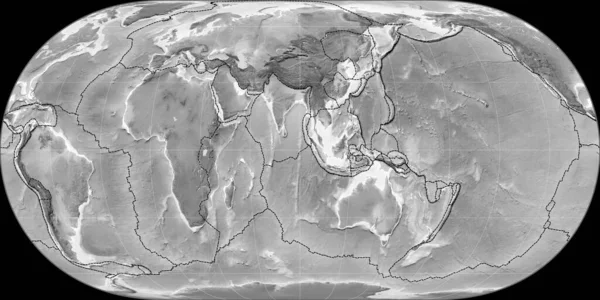 90の東の経度を中心としたHufnagel予測の世界地図 グレースケール標高マップ 粒状プレートと地殻プレートの境界とラスターの複合体 3Dイラスト — ストック写真