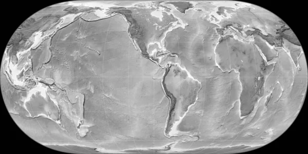 90西の経度を中心としたHufnagel予測の世界地図 グレースケール標高地図 グレースケールとラスターの生の複合体 3Dイラスト — ストック写真