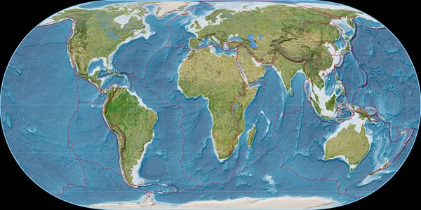 Hufnagel Projeksiyonundaki Dünya Haritası Doğu Boylamına Odaklı Uydu Görüntüsü Raster — Stok fotoğraf
