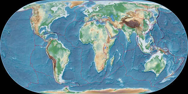 Světová Mapa Hufnagelově Projekci Soustředila Východní Délky Barevné Stínítko Výšková — Stock fotografie