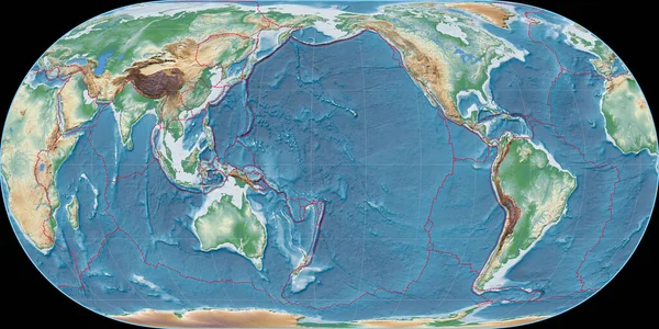 170西の経度を中心としたHufnagel予測の世界地図 色シェーダー 標高マップ 粒状プレートと地殻プレートの境界とラスターの複合体 3Dイラスト — ストック写真