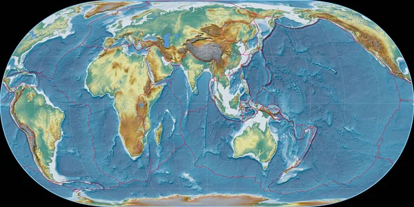 Světová Mapa Hufnagelově Projekci Soustředila Východní Délky Topografická Reliéfní Mapa — Stock fotografie