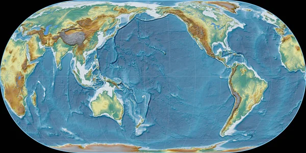 Карта Мира Проекции Хафнагеля Сосредоточена 170 Западной Долготе Топографическая Рельефная — стоковое фото