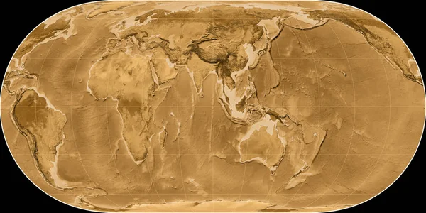 世界地图在胡塔格尔投影中心位于东经90度 塞皮亚着色的高程图 光栅与满意的原始复合材料 3D插图 — 图库照片