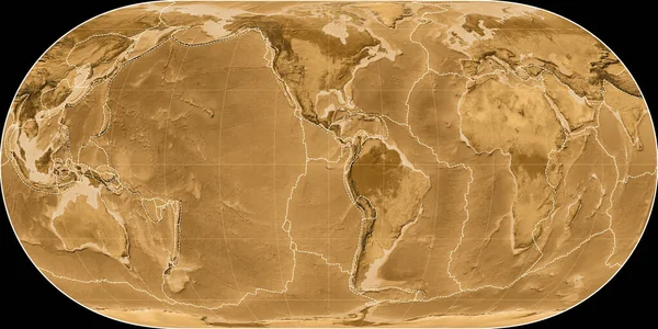 休格尔投影中的世界地图以西经90度为中心 塞皮亚浅色的高程图 具有满意和构造板块边界的栅格组合物 3D插图 — 图库照片