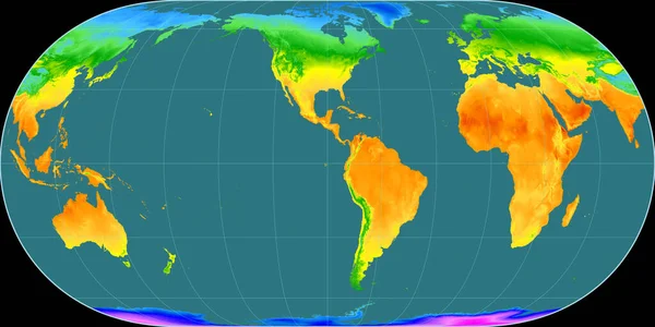 休格尔投影中的世界地图以西经90度为中心 平均年温度图 具有满意性能的栅格原料复合材料 3D插图 — 图库照片