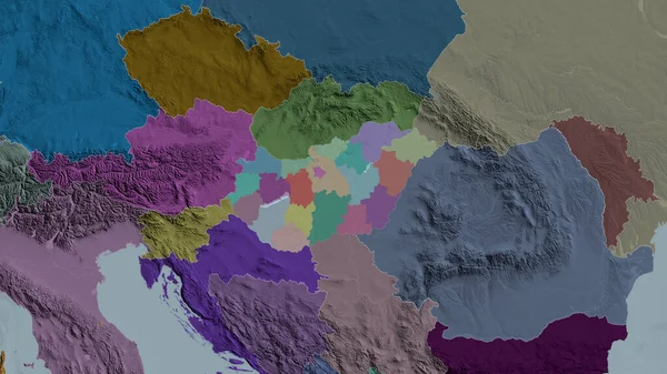 Hungary zoomed and neighborhood. Colored and bumped map of the administrative division. 3D rendering