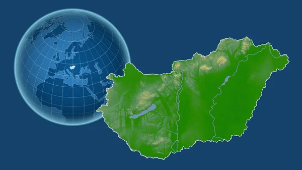 Maďarsko Globe Tvarem Země Proti Zvětšené Mapě Obrysem Izolovaným Modrém — Stock fotografie