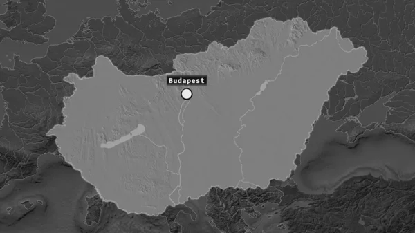 首都とその周辺の運命地図上のラベルとハンガリーのハイライトエリア 標高マップ — ストック写真