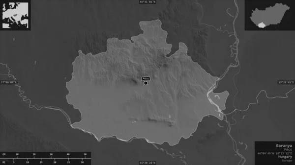 Baranya, county of Hungary. Grayscaled map with lakes and rivers. Shape presented against its country area with informative overlays. 3D rendering