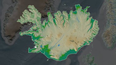 İzlanda 'nın vurgulanmış bölgesi. Mahallesinin doyumsuz haritasında sermaye noktası var. Renk fiziksel haritası