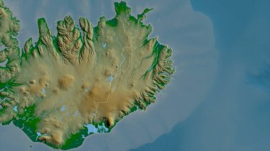 Austurland, İzlanda bölgesi. Gölleri ve nehirleri olan renkli gölge verileri. Ülke alanına göre şekillendirilmiş. 3B görüntüleme