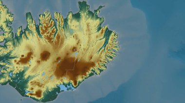 Austurland, İzlanda bölgesi. Göller ve nehirlerle renkli rahatlama. Ülke alanına göre şekillendirilmiş. 3B görüntüleme