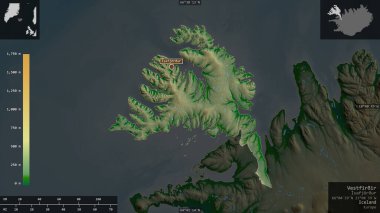 Vestfirir, İzlanda bölgesi. Gölleri ve nehirleri olan renkli gölge verileri. Ülke alanına karşı bilgilendirici örtülerle sunulan şekil. 3B görüntüleme.