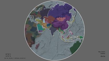 Hindistan 'ın alanı, doymamış arka planda kıtasının etrafını çevreleyen çemberin merkezindeydi. Büyük harf georeferans ve isimler verildi. İdari bölümün renk haritası