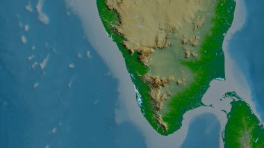 Kerala, Hindistan Eyaleti. Gölleri ve nehirleri olan renkli gölge verileri. Ülke alanına göre şekillendirilmiş. 3B görüntüleme